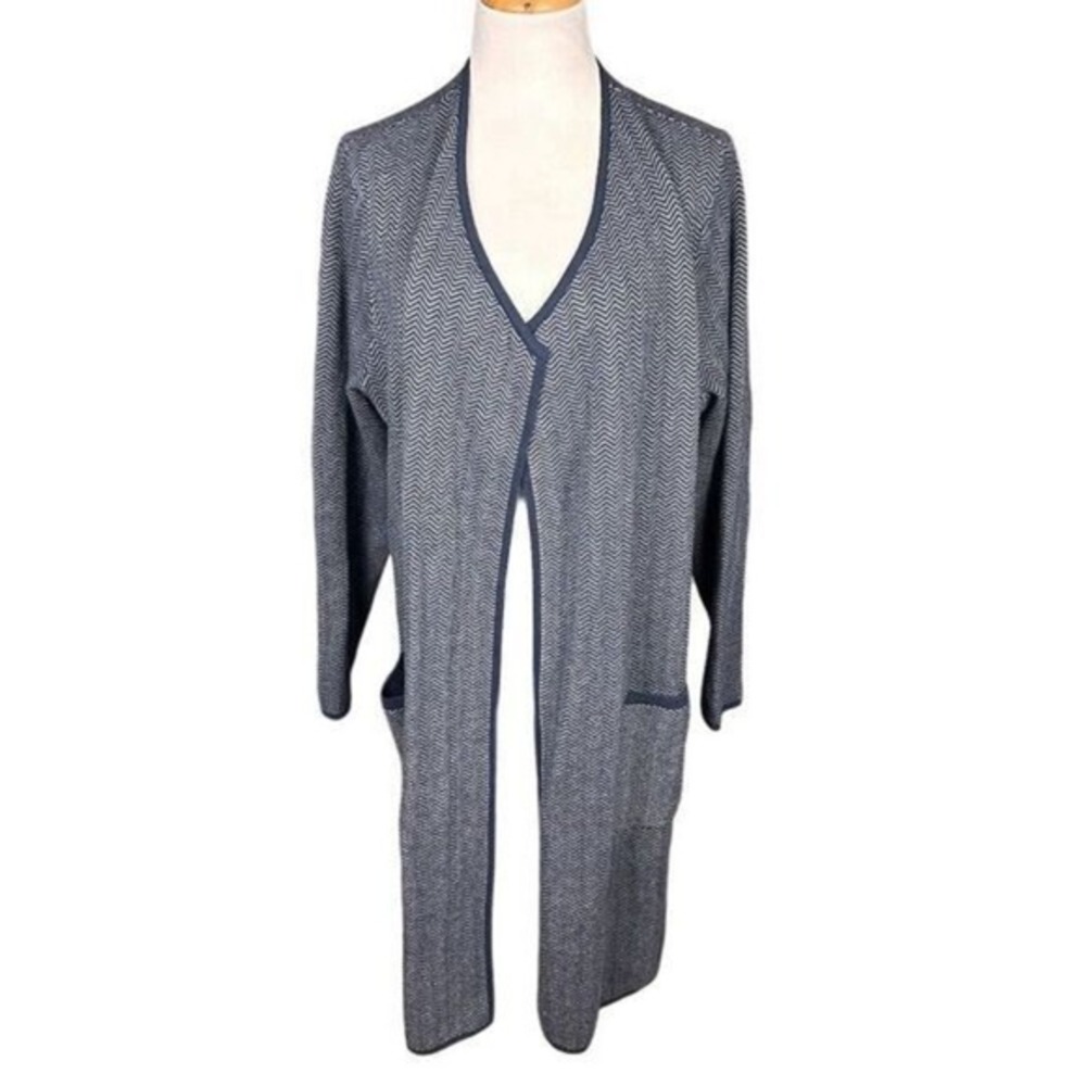 J.Jill WearEver Women's XL Blue Herringbone Open Front Cardigan Sweater‎ Duster